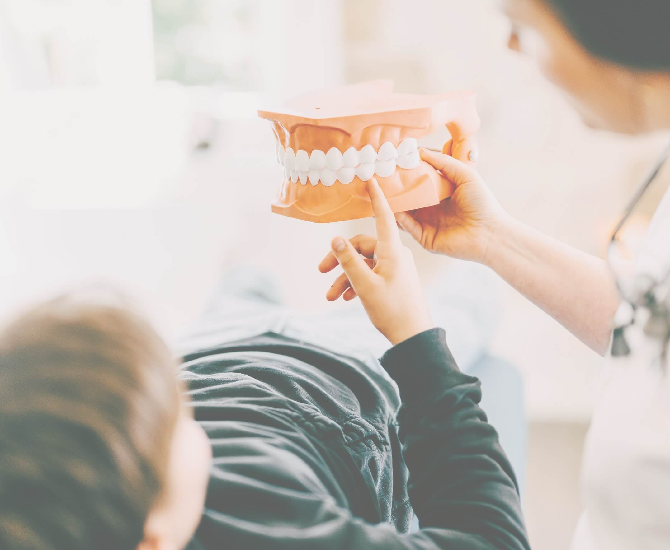 Kinderzahnärztin Dr. Simona Braun erklärt einem jungen Patienten etwas mit Hilfe eines Gebissmodells.